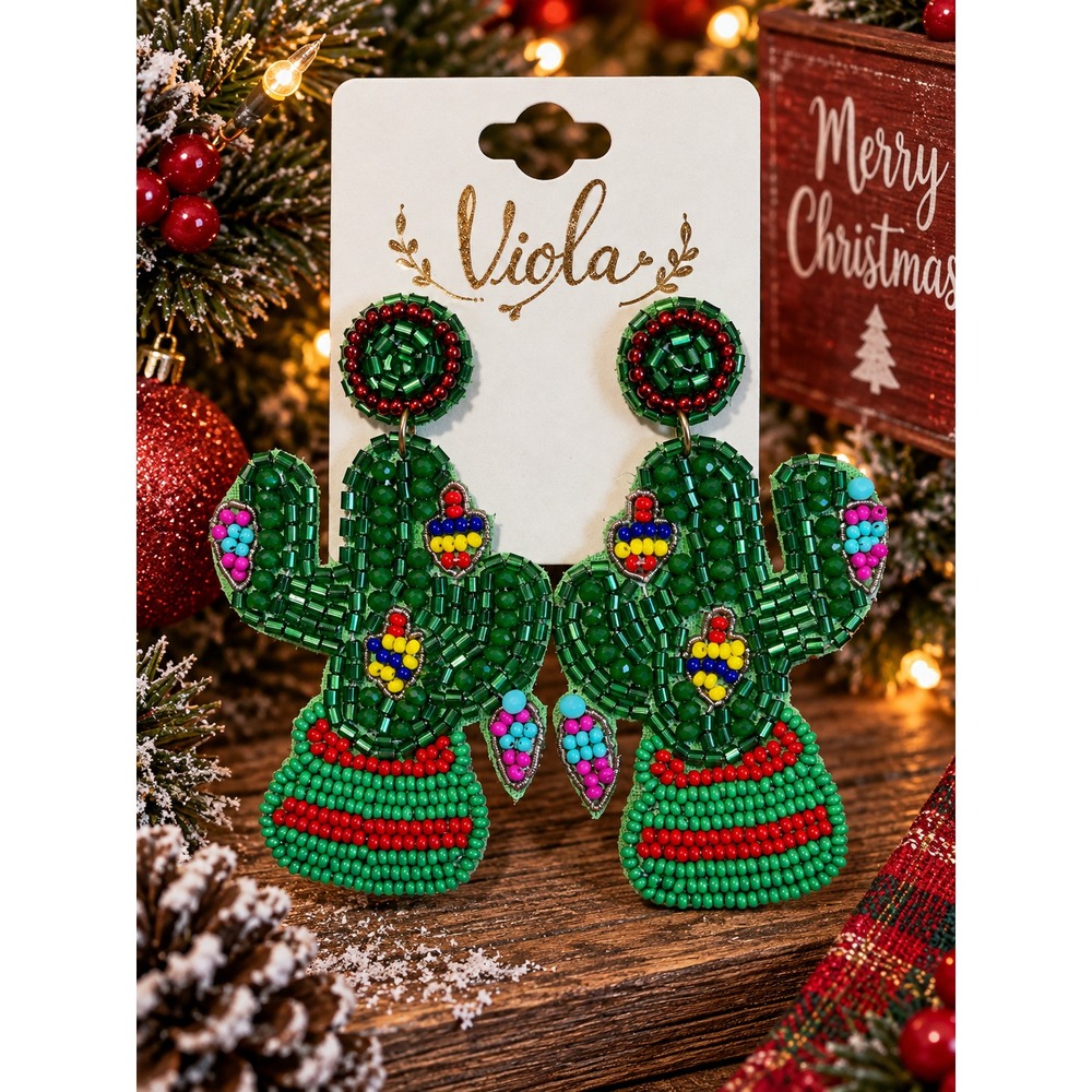 Christmas Cactus Seed Bead Earrings Saguaro Western Holiday Statement